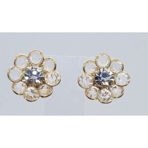 Vintage Earrings Gold Bezel Set Flower Petals Faceted Crystal Rhinestone Center